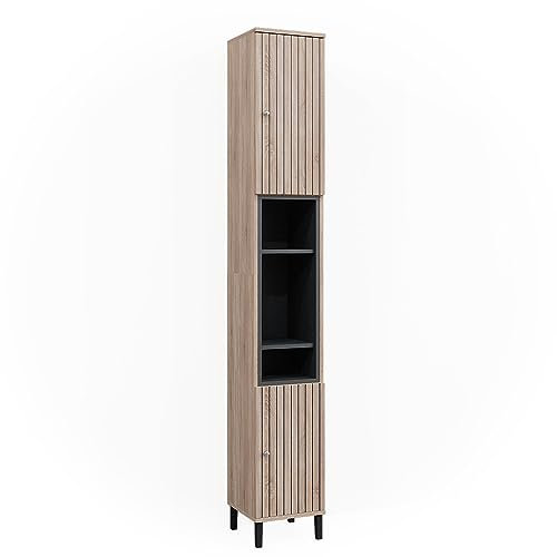 Vicco Armario de baño Aquis, Sonoma/Antracita, 30 x 190 cm con Puertas y Compartimentos Abiertos