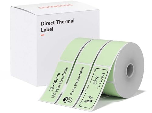 NIIMBOT Thermo Etiketten Selbstklebend, 12 x 40mm Etikettendrucker Thermopapier Kompatibel mit dem D110 D11 D101 Etikettendrucker, 160 Etiketten/Rolle (3-Rollen-Pack, Grün)