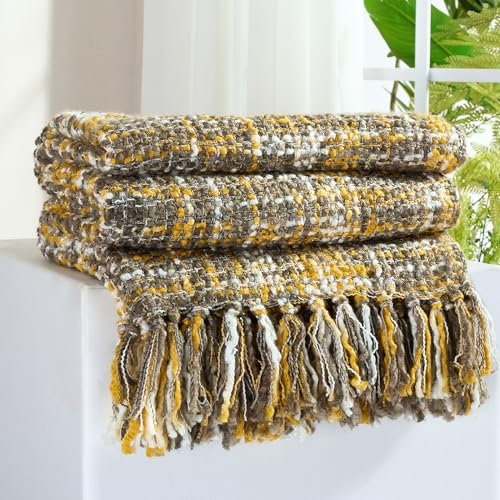 GINAMUSE Multi-Color Gold Cable Knitted Throw Blanket for Couch,50X60 Boho Style Textured Blankets for Home Decor,Super Soft Warm Cozy Chunky Knit Blanket with Decorative Tassels for Bed and Sofa