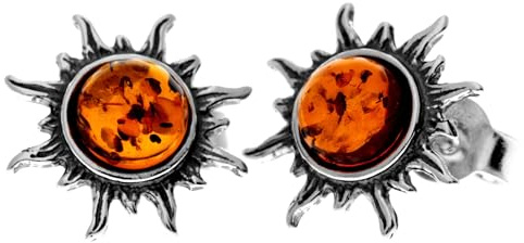 Genuine Round Baltic Amber and 925 Sterling Silver Studs Sun Stars Style Earrings - 8549 (Cognac)