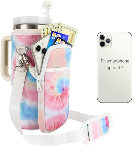 Cangroo Water Bottle Carrier Bag for Stanley 40oz Tumbler Cup Bag Pouch with Large Phone Holder & Carrying Strap & & Straw Covers, Stanley Cup Accessories