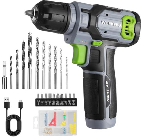 WORKPRO Atornillador Inalambrico 8V, Destornillador Eléctrico, Taladro Atornillador con Velocidades Variables, Atornillador Recargable, Luz LED, con 53pc Accesorios