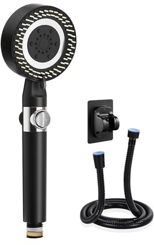 Duschkopf Filter Mit 1.5m Schlauch, Handbrause Wassersparend, Duschkopf Duschbrause Mit 5 Strahlarten Hochdruck, Sparduschkopf, Regendusche, Stoppfunktion, Schwarz, mit 2 PP Filter