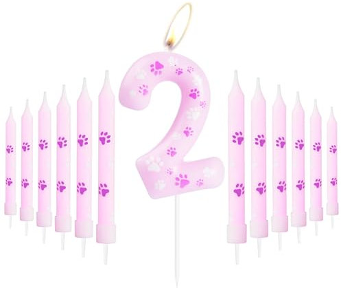 Pink Dog Paw 2nd Birthday Candles, Birthday Number 2 Candles for Cake, Pink 2nd Birthday Cake Decorations, Pink Cake Topper, Pink Dog Paw Theme for Boys Girls Pet Birthday Party Decorations Supplies