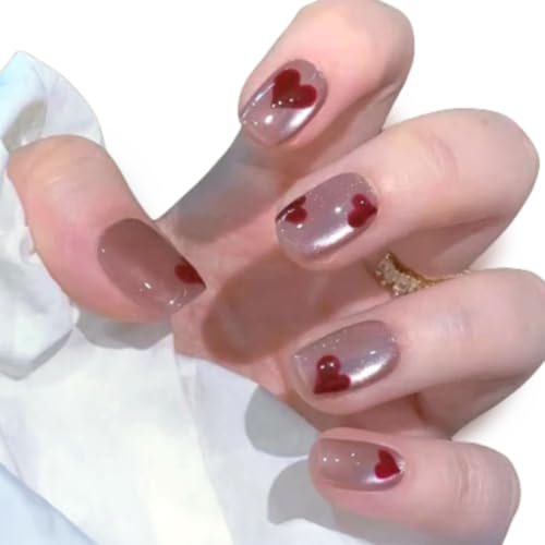Pure Handmade Nails Press on Nail Reusable Fake Stick on Nails Pink Cat Eye Red Hearts False Nails 30pcs with Jelly Adhesive Tabs Nail File Storage Box (S, Q167)