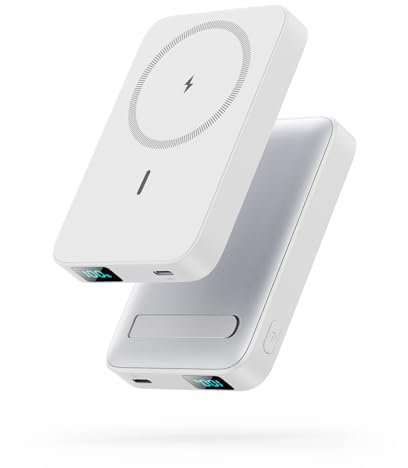 Batterie Externe Magnétique Sans Fil pour MagSafe, 10800mAh USB C Power Bank PD 22,5W Charge Rapide Chargeur Externe Portable avec Support Pliable,écran LCD pour iPhone 16/15/14/13/Coque MagSafe-Blanc