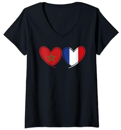 Femme Maroc France Coeur Drapeau Patriotique Marocain Français T-Shirt avec Col en V