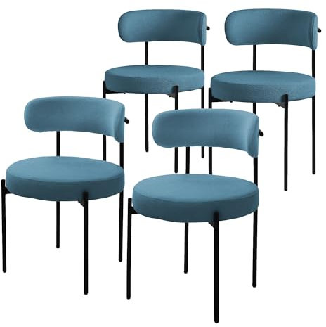 ML-Design Esszimmerstühle 4er Set, Küchenstuhl aus Teddystoff Blau, Wohnzimmerstuhl mit Rückenlehne, Polsterstühle mit schwarzen Metallbeinen, Loungesessel ergonomisch, Stühle für Esszimmer/Wohnzimmer