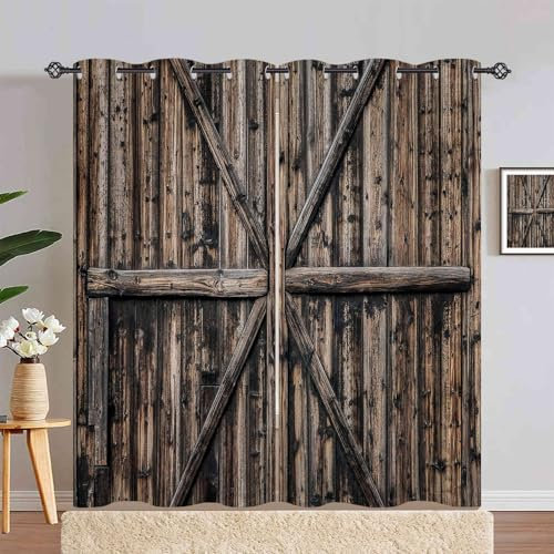 ANHOPE Rideau Occultant Ferme Vintage Portes en Bois Rideau Thermique Isolant Tenture Opaque à Oeillets Draperies Intérieurs pour Maison Chambre Salon Fenetre 2 Pièces L 140 x H 200 cm