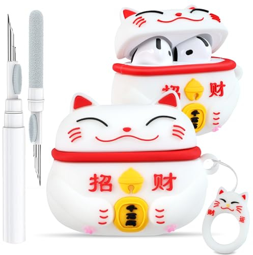 Boaretiu Schutzhülle für Airpods 4. Generation, mit Schlüsselanhänger und Reinigungsset für AirPods 4. Generation (2024), Glückskatze mit niedlichem Kawaii-Design, weiches Silikon, lustig, cool für