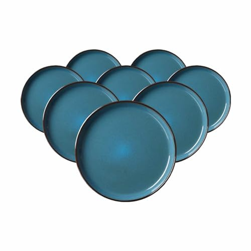 Ritzenhoff & Breker Visby Dessertteller 8er Set, 20 cm, Runde Frühstücksteller mit braunem Rand, Skandinavisches Design, Steingut, Blau