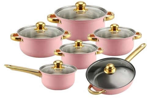 HJZSZX Juego de ollas de cocina de 12 piezas, coloridas, antiadherentes, con mango chapado en oro, ollas de acero inoxidable, olla para sopa, rosa, 12 piezas