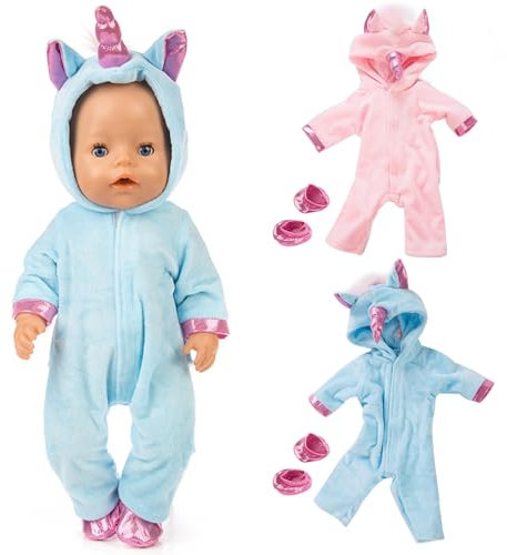 TYXHXTF Puppenkleidung 45 cm für Baby Puppen, Puppe Zubehör mit Baby Langarm Bodys, Hut, Mantel (Rosa + Blau (Einhorn))