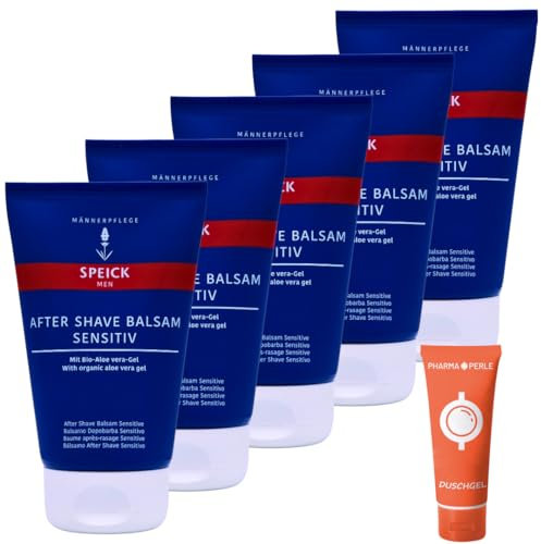 Men After Shave Balsam Sensitiv 5x 100 ml I Beruhigende Pflege für empfindliche Haut I Mit Bio-Aloe Vera und Ringelblumenextrakt I Ohne Parabene und Silikone I Spar-Set plus Pharma Perle give-away