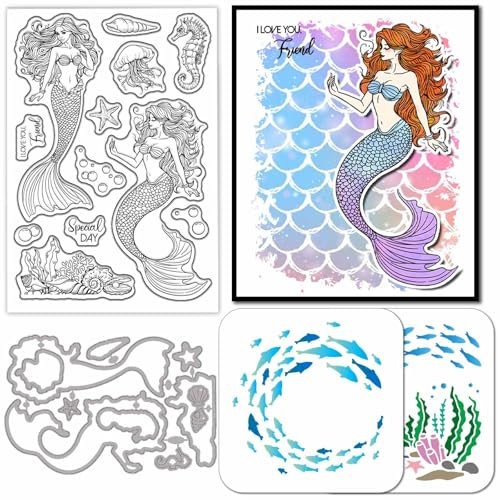 GLOBLELAND Transparente Stempel Mit Meeres Meerjungfrauen Motiv Stanzformen PET Malschablonen Für Die Kartengestaltung Sommer Muscheln Silikonstempel Grüße Stanzformen PET Malschablonen Für DIY