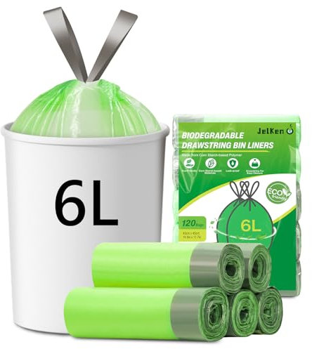 JelKen 120 Biodegradable Bin Liners 6L with Drawstring Tie Handle, Food Waste Bags Strong Trash Bags (43 x 45cm)