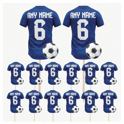 Personalised Football Shirt Toppers, Food Picks, Soccer Jersey Cupcake, Party Decorations, 14 Pack (BLUE)