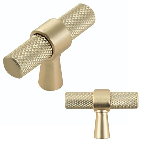 keypak 10 Pack Brushed Brass Knurled Kitchen Cupboard Handles, 50mm Knob | Aluminium T-Bar Pulls for Cabinet, Wardrobe Doors, Chest of Drawers
