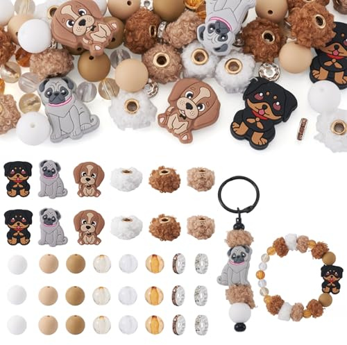 Craftora 61 Pezzi Perla in Silicone a Forma di Cane, Sfere Dolci, Perline Focus, Perline Spaziatori Europee, Finta Pelle, Pom Pom, Perline per la Creazione di Gioielli, Perline Incastonabili, Fai da