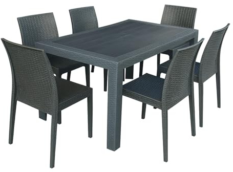 HOUSE COLLECTION, set da giardino 6 sedie + 1 tavolo antracite linea rattan (6 ARE055 + 1 ARE058)