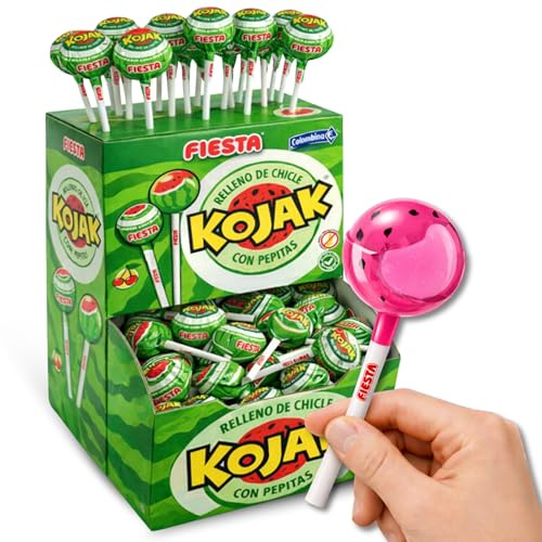 Caramelo con Palo Sabor Sandia, Caramelo relleno de Chicle Kojak, Apto para veganos, sin gluten, sin huevo y sin lactosa es completamente apto para celíacos, Contiene 1 caja con 100 unidades