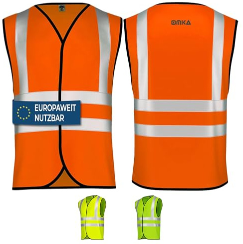 OMKA Warnweste Set – Sicherheitswesten Neonfarben mit 360° Reflexstreifen – Auto Pannenweste für Kinder & Erwachsene mit Klettverschluss (8, Neon Orange, XXL)