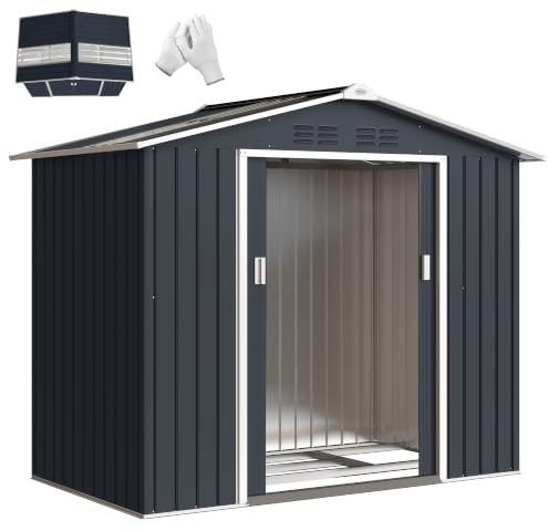 Outsunny Abri de Jardin en Métal 2,42 m² 213 x 130 x 185 cm Gris Foncé | Avec Fondation, Porte Coulissante Verrouillable, 4 Aérations, Lucarne, Cabane de Jardin, Cabanon Rangement Outils