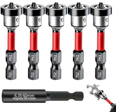 6 Pcs Trockenbau Bit Set, Trockenbau Schraubendreher Bits PH2, 1/4 Sechskantschaft Magnetisch Rigips Bit mit Tiefenanschlag, mit 1 Halterung, Trockenbauschrauber für Gipskartonplatten