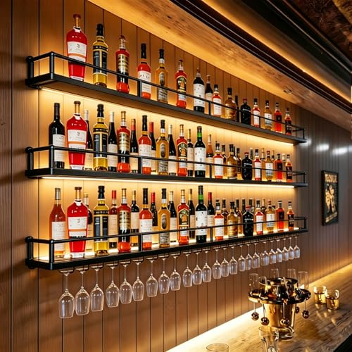 AUSKLEZU Botellero de Pared Industrial con Luz LED, Estante de Vino de Metal 3 Niveles con Portavasos, Multifuncional, Negro/Dorado, Varios Tamaños para Cocina, Bar, Cafetería (Negro, 200CM)