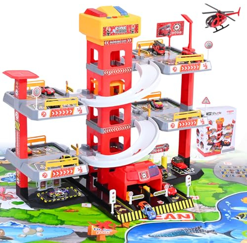 5 Stöckiges Parkgarage Spielset, Parkhaus für Kinder 3 Jahre, with Parklift Inklusive, Groß Spielzeug Parkhaus mit 12 Autos und 1 Flugzeug, als Geschenk für Kinder ab DREI Jahren, Rot