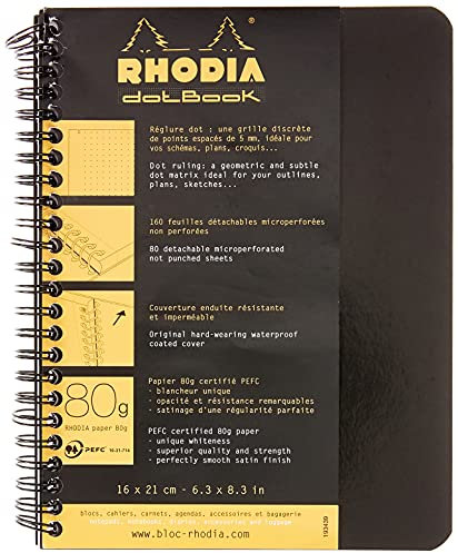Rhodia 193439C - Notizheft / Notebook mit Doppelspirale DIN A5+ 16x21cm 80 Blatt Dot-Lineatur 80g, abtrennbar und mikroperforiert, Schwarz, 1 Stück