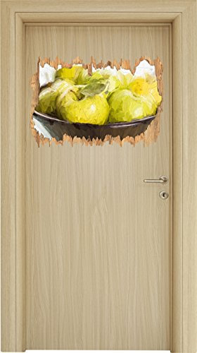Stil.Zeit grünen Äpfel in Holzschale Pinsel Effekt Holzdurchbruch im 3D-Look, Wand- oder Türaufkleber Format: 62x42cm, Wandsticker, Wandtattoo, Wanddekoration