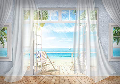 wandmotiv24 Fototapete Balkon Ausblick Meer Strand, braun, XXL 400 x 280 cm - 8 Teile, Wanddeko, Wandbild, Wandtapete, Fenster, Palmen, Himmel, Holz M3862