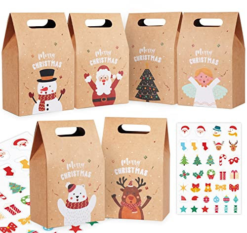 Sweelov 24 STK. Weihnachten Geschenktüten mit Griff Kraftpapier Geschenkboxen mit Weihnachtsaufkleber, Braun Papiertüten mit Weihnachtsaufkleber für DIY Beutel(6 Stile)
