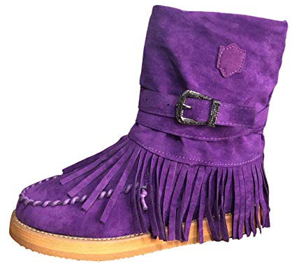 Stivali Donna Moda Casual Punta Tonda Retro Frangia Scarpe Basse alla Caviglia (42,1Viola)