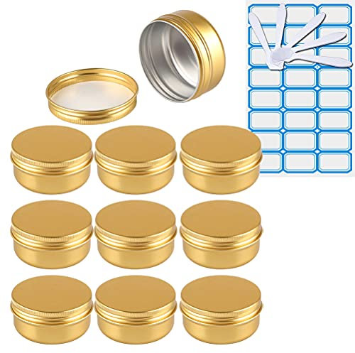 ZEOABSY 10 Pezzi Barattoli di alluminio 50ml a Vite Oro Scatola in Alluminio Forma Rotondo, Vasetti per DIY Candele Cosmetico Caramella Gadget Balsamo Labbra, 1x Etichette e 5x Spatola