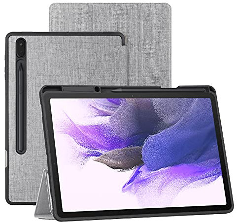 Foluu Galaxy Tab S7 FE 12,4 Zoll Tablet-Hülle mit S-Stifthalter, schlank leicht dreifach Faltbarer Ständer Smart PU Case Auto Sleep/Wake Magnetic für Galaxy Tab S7 FE 2021 (SM-T730/T736B) (grau)