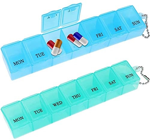2 Pcs Pill Box, 7 Day 1 Time a Day Pill Dispenser Storage Case Portable Medicine Storage Box Tablet Boxes Pill Organiser for Medicines Supplements Vitamins Cod Liver Oil (Blue, Green)