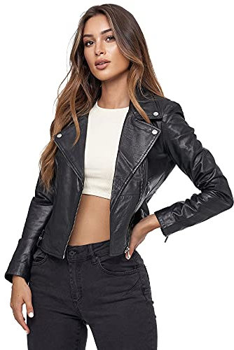 Tazzio Lederjacke Damen Echtleder Jacke im Biker Look mit coolen Zipper-Details & Reverskragen F507 (M, Schwarz)