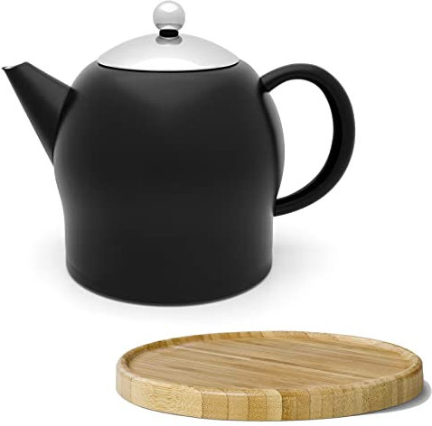 Teekanne Set 1.4 Liter - Edelstahl doppelwandig Schwarz matt - Großer Moderner Teebereiter ohne Filter - inkl. Holz-Untersetzer braun