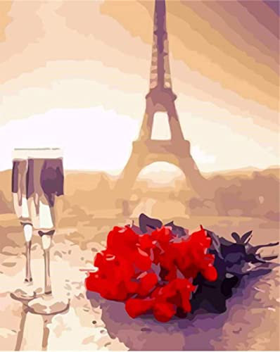 LIUWW Home Decor-Tower of Paris and Rosé Champagne- Adult Digital Painting Beginner DIY Digital Oil Painting Including Brush Canvas and Acrylic Paint