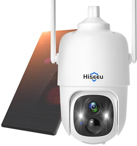 Hiseeu Solar Security Camera Outdoor Wireless 2K 360 Solar Powered PTZ Security Camera Outdoor with Color Night Vision,Rechargeable Battery,PIR Detection, Human Detection Instant Alarm 2-Way Audio