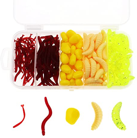 Create Idea 250pcs Fishing Lures Soft Plastic Earthworm Corn and Maggot Shape Soft Bait Shad Artificial Lifelike Maggot for Freshwater Saltwater