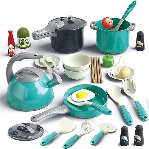 Cuisine Jouet Set Enfants Jouer Rôle Prétendant Batterie de Cuisine Ustensiles de Cuisine Poêle Kit Accessoires de Cuisine Cuisine Casseroles et Poêles Cadeaux pour Enfants 3+ (32PCS, Vert)
