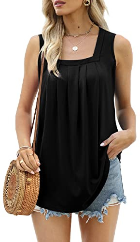 Aokosor Womens Tops Summer Vests Ladies Square Neck Sleeveless Pleated Tank Top Black Size 18-20