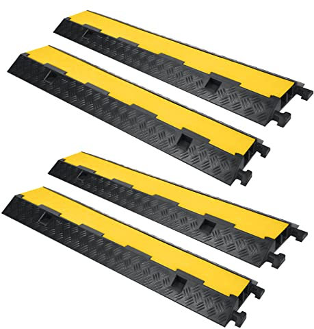 UISEBRT 4 Stück Boden Kabelbrücke Fussboden Kabelkanal Schlauchbrücke Modular gefertigte Kabel-Überfahrschutz aus Gummi, Boden Kabelabdeckung mit 2 Kanälen, 100 x 24 x 5 cm, Schwarz/Gelb