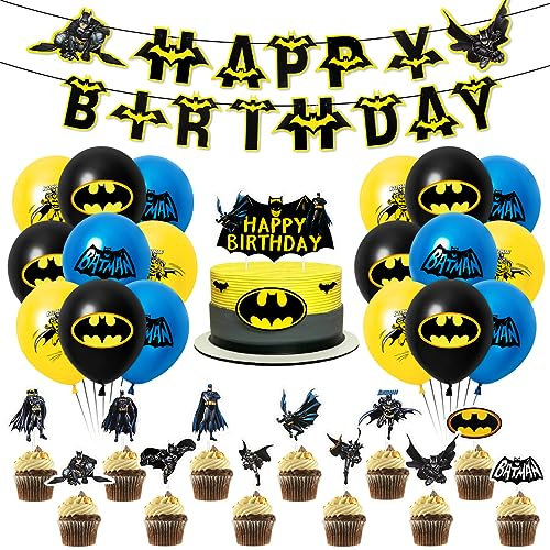 Geburtstag Luftballons Junge, 32 Stück Luftballons Geburtstagsdeko Fledermaus, Geburtstag Banner, 18 Latex Luftballons Gelb Blau Schwarz, Kuchendekoration, für Kindergeburtstag Decorations