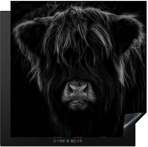 KitchenYeah© Induction Hob Protector Mat 30.7x30.7 / 78x78 cm Stove Cap Top Cover Kitchen Cooker Covers for Electric Hobs Vinyl Scottish Highlander - Cow - Black - White - Animals