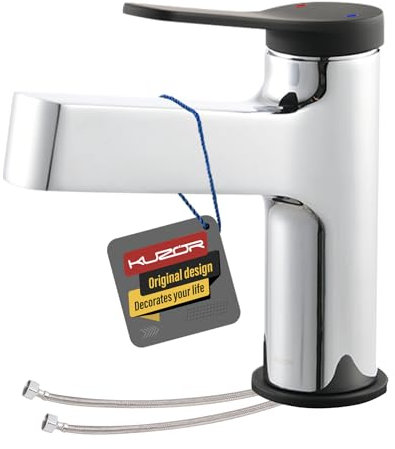 KUZOR 1PC Brass Mixer Tap with G1/2 UK Standard Water Hoses - Modern 5-Minute Installation Single Lever Sink Faucet for Bathroom/Basin/RV/Vanity - Height 5.33 in, Weight 1.68lbs - Chrome