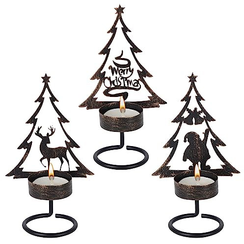 Gukasxi 3-Pack Vintage Gold Metall Kerzenhalter - Elch/Frohe Weihnachten/Santa - 15 x 6cm - Festliche Anlässe